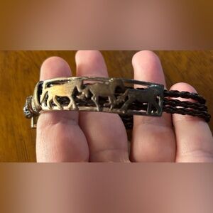 Wyo-Horse Three Running Horses Bracelet Gold Tone Metal And Black Braided Cord